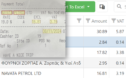 Receipt number, date, company name, amount, VAT, total amount and currency will be extracted automatically.